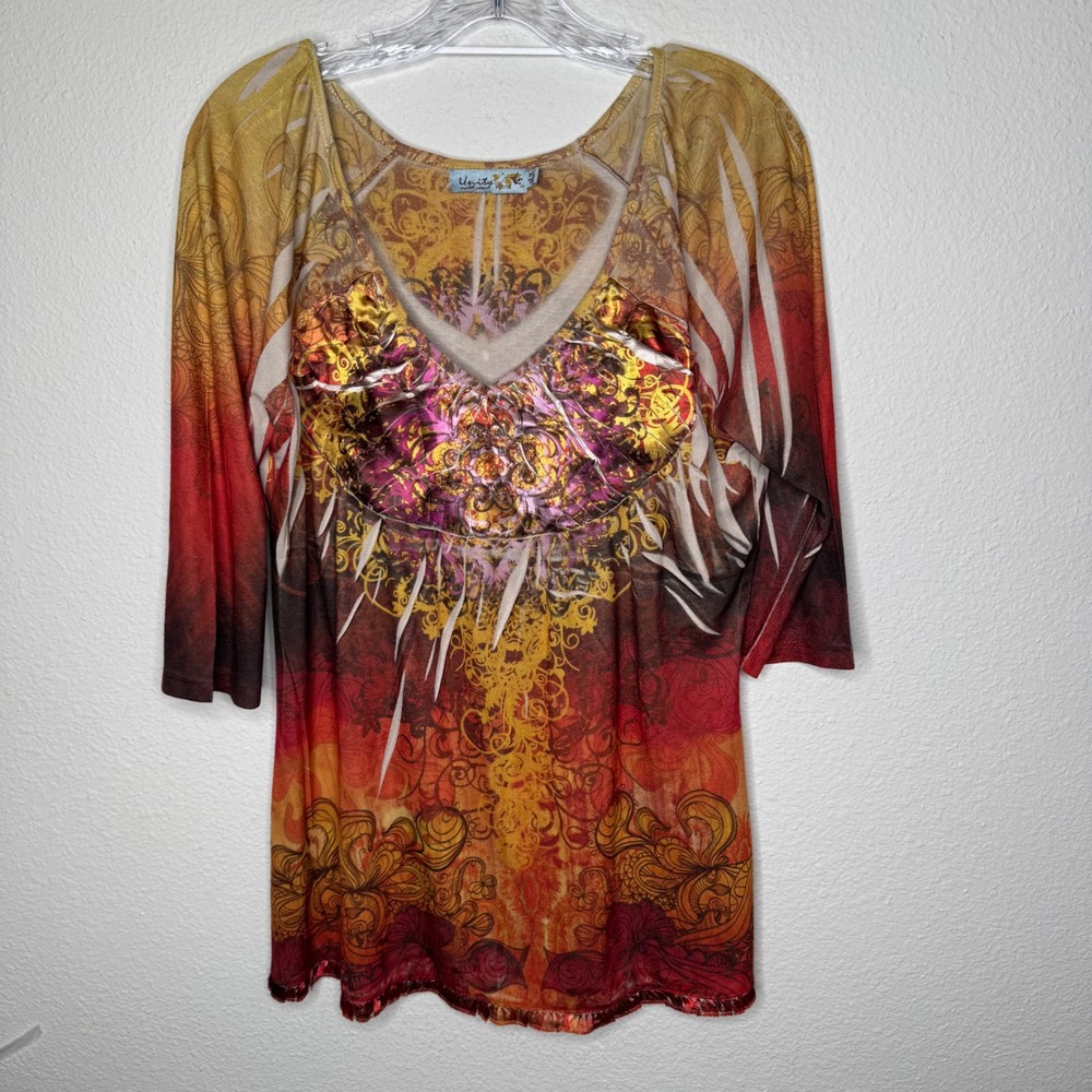 Unity World Wear Petite PXL 3/4 Sleeve V-Neck Top Multicolor Floral Print‎